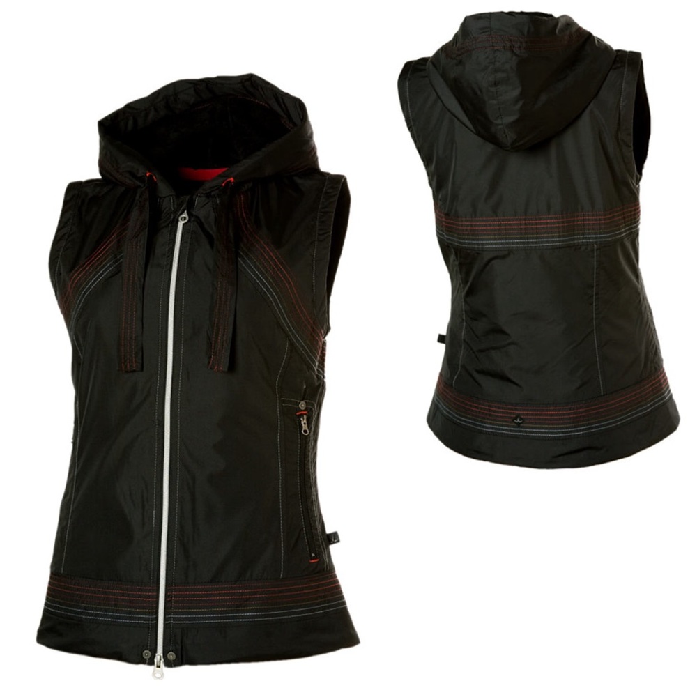 Prana Bolero Women's Black Hooded Vest Large Zipper yoga hiking layering gym